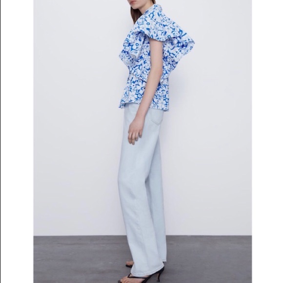ZARA Printed Poplin Top Blue White S - Picture 6 of 11